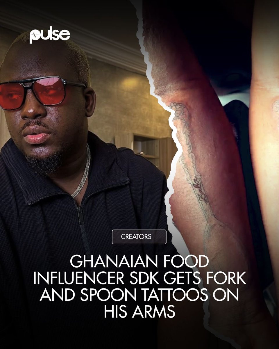 PulseGhana's tweet photo. Ghanaian food influencer SDK has taken his love for cuisine to the next level, tattooing a fork and spoon on his arms in a bold tribute to his passion for food and content creation.
#PulseXcreators 
🎥: @sdkdele https://t.co/IJ3HjxoISg