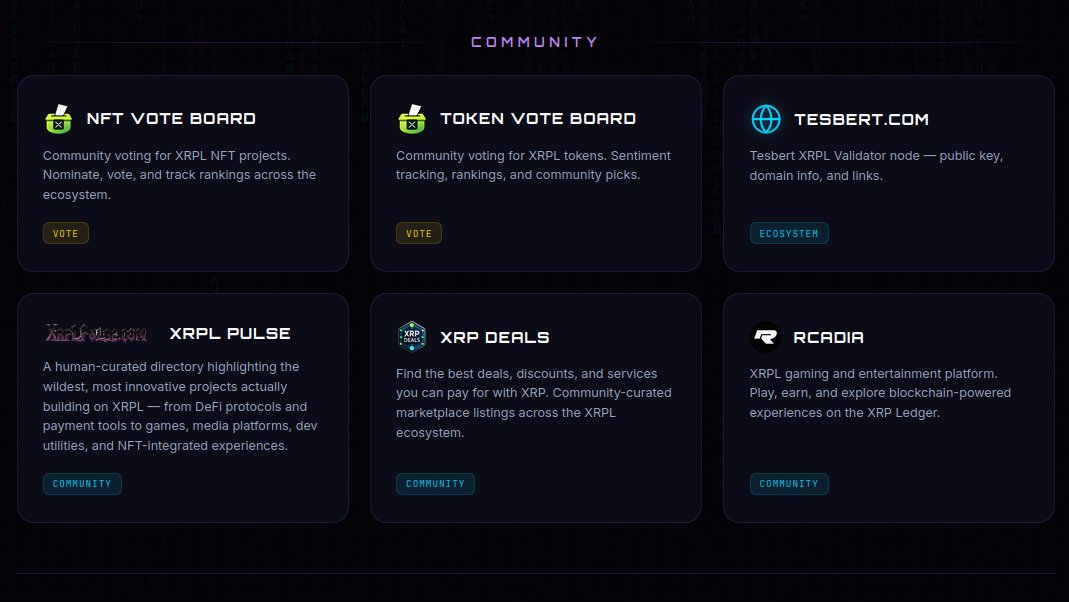 The community grows with <a href="/XRPConspiracy17/">Conspiracy - Area 589</a> 

<a href="/XRPLPulse/">XRPL Pulse</a> 
<a href="/XRPDeals/">XRP Deals</a> 
<a href="/RCADIAHQ/">RCADIA</a> 

xrpconspiracy.tesbert.com