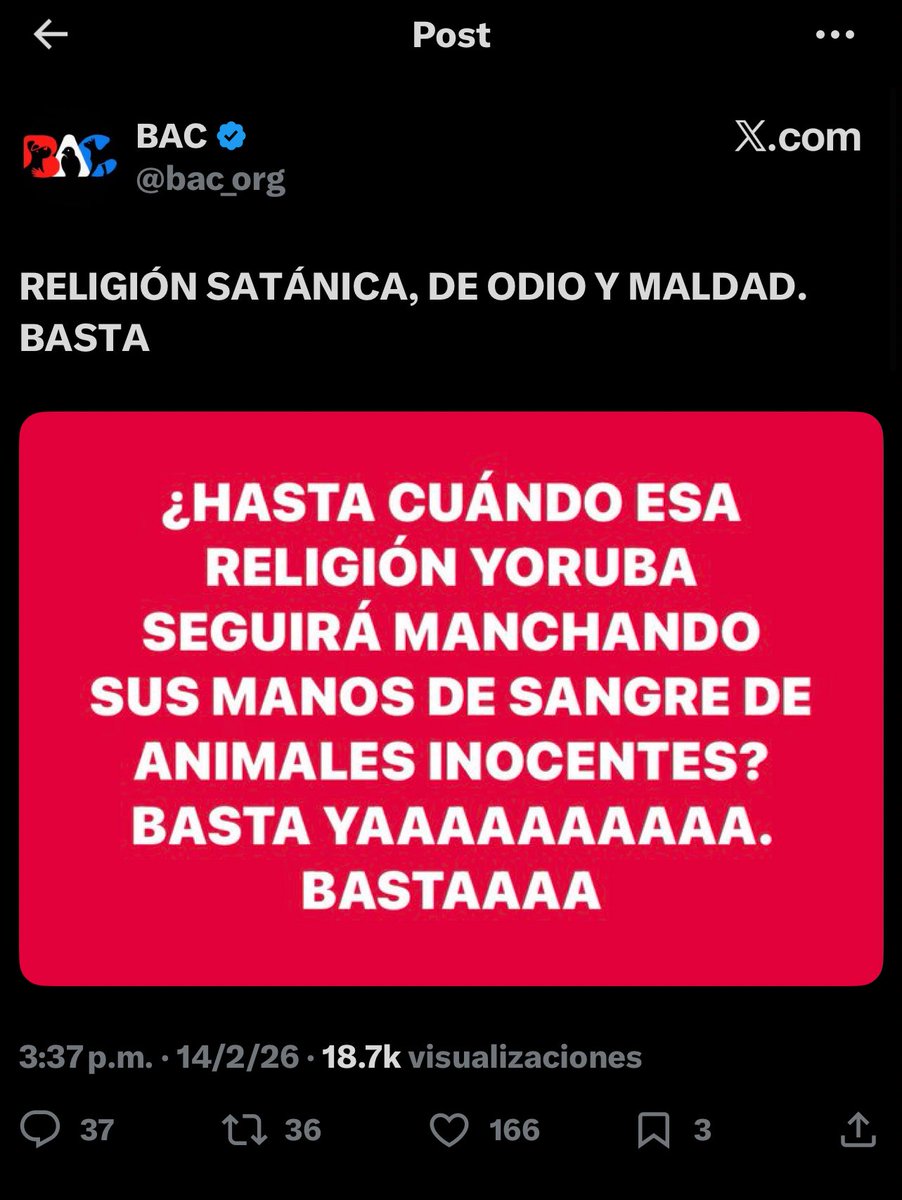 SoyUnBotRoto's tweet photo. @bac_org Pongan en esa carpeta legal también las faltas de respeto de su organización a religiones afrocubanas catalogándolas de satánicas. https://t.co/HWhRn24fJK