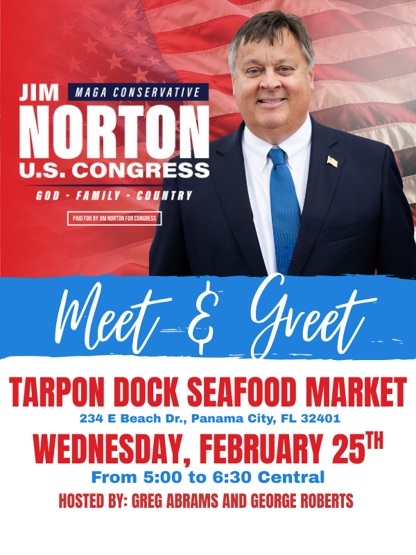 nortonforfl's tweet photo. We’re continuing to make our way across the district, and next up is Panama City!

On Wednesday, February 25, I’ll be at Tarpon Dock Seafood Market from 5:00 to 6:30 p.m. Central. I’m grateful for the growing support we’re seeing! https://t.co/cTSVNRKOT7