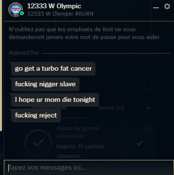 bonjour <a href="/RiotSupportFR/">Riot Support FR</a> après une jolie game voici mon midlaner qui m'écris des choses pas très sympathique vous avez les preuves ici dessous et vous avez également son nom + son # pour être sur de pas se tromper sur la sanction :)