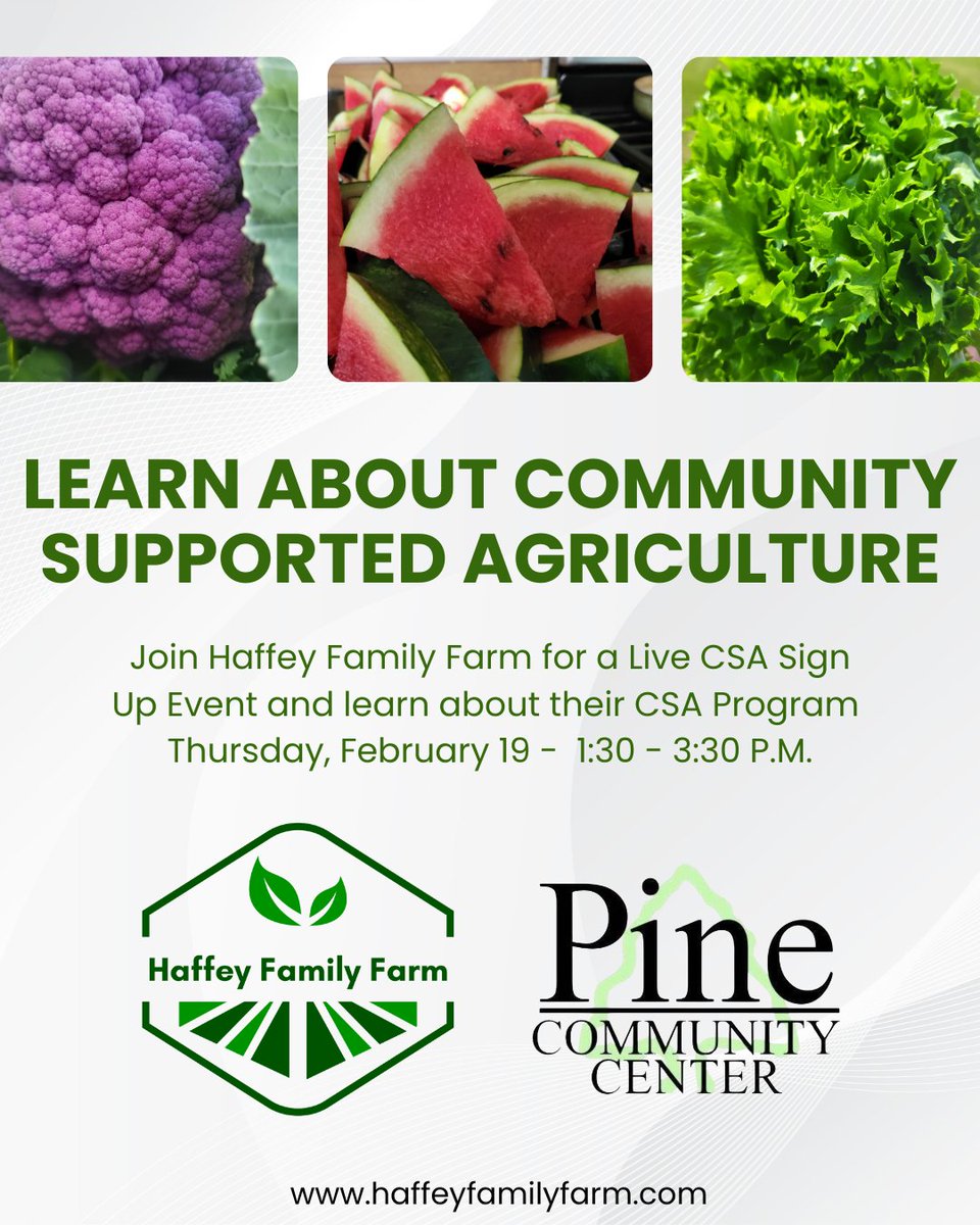 Don’t miss Haffey Family Farm at the PCC on Thursday, 2/19, from 1:30 – 3:30 PM 🥬🍉 Stop by their booth to learn about their Community Supported Agriculture (CSA) Program and sign up for fresh, local goodness!

#CSAProgram #SupportLocal #EatFresh #PineTownship #Pinetastic