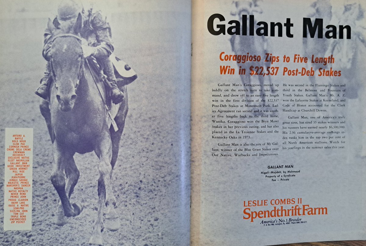 HORSERACING1002's tweet photo. GALLANT MAN 🇮🇪1954
(MIGOLI - MAJIDEH BY MAHMOUD)
#GallantMan
B/ Aga Khan(Ire) Mar 20, 1954
O/ Ralph Lowe
T/ John Nerud 
26-14-4-1---$510,355
Hibiscus S, Belmont S, Jockey Club Gold Cup, Travers S, Peter Pan H, Nassau County H. Hollywood Gold Cup, Sunset H, Metropolitan H.
2nd Kentucky Derby,  Trenton H, Wood Memorial S.
3rd Carter H. 
NAR Belmont 12f 2,26,⅗.
NTR Belmont 9f 1,47,⅕.
NTR Tropical Park 6f 1,09,⅖.
Stood at Spendthrift Farm . 
Sired 498 foals, 331 winners, 52 sw, Avie, Coraggioso, Gallant Bloom, Gallant Romeo, Kennelot, My Gallant, Nalees Man, 
Died Sep 7, 1988.