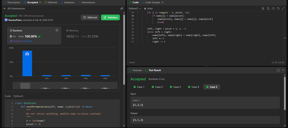 DVectorPrime's tweet photo. DSA:โข LeetCode 31 (Next Permutation). Pattern recognition is improving. ๐งฉ
Better Data > Better Math.
#90DaysOfCode #Python #MachineLearning #FeatureEngineering #DataScience https://t.co/9IU9j8Z2X5