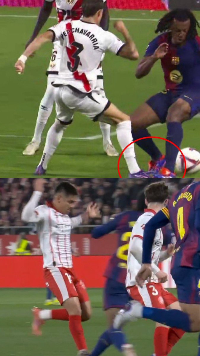 Soto Grado es el mismo árbitro que le anuló un gol al Barça contra el Rayo Vallecano por este pisotón de Jules Koundé. Mientras que al Madrid le van regalando penaltis, al Barça le sabotean y atracan cada jornada. El Barça no está bien, pero esta Liga está podrida. #FCBarcelona