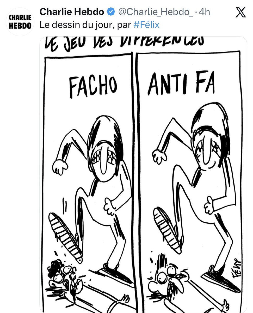 Das linke Satiremagazin Charlie Hebdo hat es richtig erkannt:

Der Unterschied zwischen einem "Fascho" und der Antifa?

Es gibt keinen.