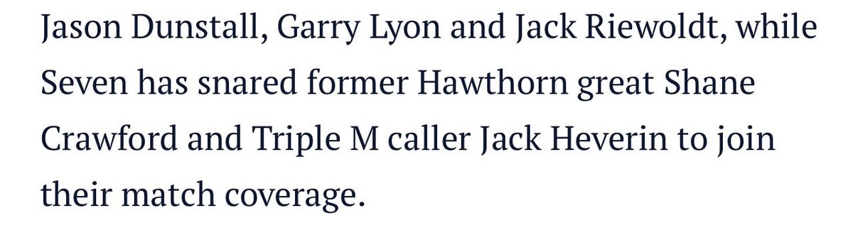 👏 👏<a href="/JackHeverin/">Jack Heverin</a>. Great appointment by <a href="/7AFL/">7AFL</a> for the upcoming season. One of the best sports broadcasters in the country &amp; a brilliant footy caller.