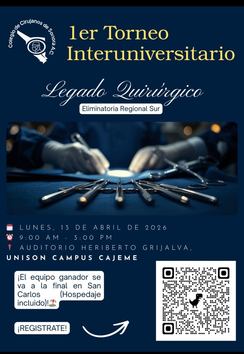 Estudiantes de Medicina , únete a las actividades de preselección y eliminatorias Regionales del Colegio de Cirujanos de Sora AC. Escanea QR y vive este reto ! 

No te pierdas la oportunidad de compartir experiencias con los mejores Cirujanos del Estado y del país. 

Te esperamos