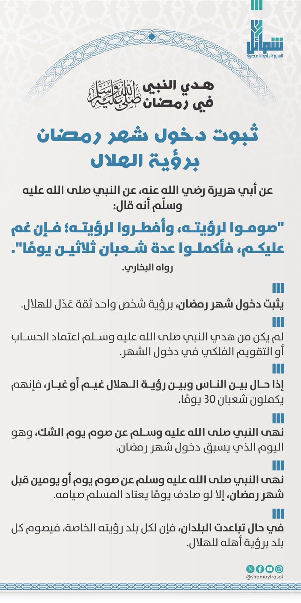 "صوموا لرؤيته، وأفطروا لرؤيته"

كان النبي ﷺ يعتمد في دخول شهر رمضان على رؤية الهلال، فإذا ثبتت رؤيته ولو لشخص واحد، فقد دخل الشهر.

إليكم هَدْي النبي ﷺ في ثبوت دخول شهر رمضان المبارك.