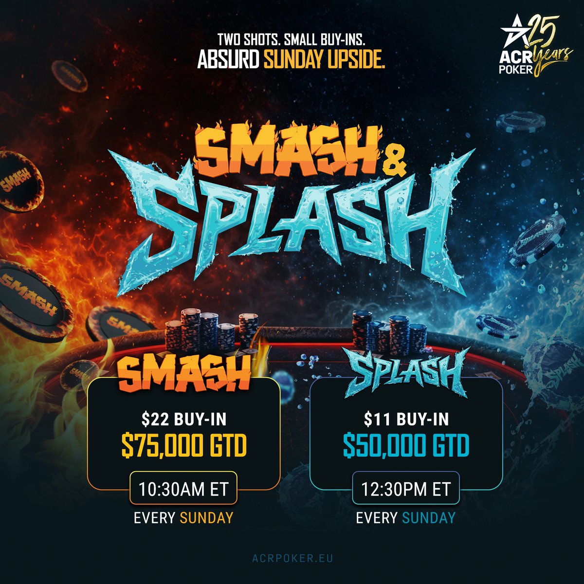 🗣️New Sunday major just dropped on ACR

💥Smash &amp; Splash💦 results:

$22 → $11,891🤑
$11 → $7,623🤑

8,200+ entries.
Big fields. Bigger payouts💰

Sunday majors redefined. 

Recap link in comments 👇
