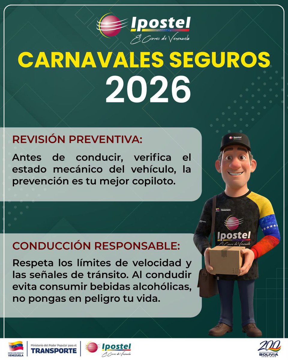 brigadaoriente's tweet photo. 🎉🎊#CarnavalesSeguros2026 || • Desde el Ministerio del Poder Popular para el Transporte e Ipostel, nos unimos a la alegría de las fiestas carnestolendas, pero recordamos que el mejor destino es aquel al que llegamos con bien.

Click aquí para información completa:⏩🎉 https://t.co/ir2dEbc4sm