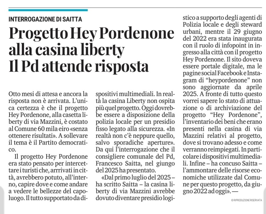 fra_saitta's tweet photo. 8 mesi e ancora nessuns risposta... 

Quando si usano soldi pubblici, servono risultati. E se un progetto cambia o si interrompe, va spiegato.

#Pordenone #Trasparenza #PoliticaLocale #HeyPordenone

https://t.co/gK1rrklsba https://t.co/eNYpf3S4Vk