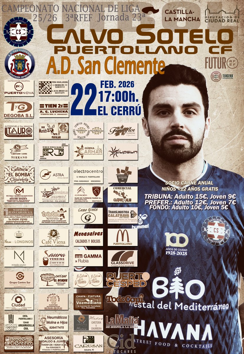🪧𝐶𝘢𝑟𝘵𝑒𝘭 𝘢𝑛𝘶𝑛𝘤𝑖𝘢𝑑𝘰𝑟
<a href="/cspuertollanocf/">CS Puertollano CF</a> 🆚 <a href="/AD_SanClemente/">A.D. San Clemente Oficial</a> 

🏆3ªRFEF.
🗓️22-02-2026.
⌚️17:00h.
🏟️El Cerrú.
