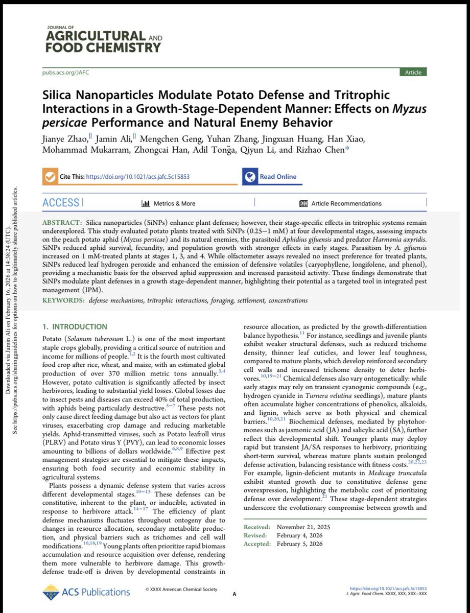 JAMIN_ALI_ALI's tweet photo. ONLINE: Silica Nanoparticles Modulate Potato Defense and Tritrophic
Interactions in a Growth-Stage-Dependent Manner: Effects on Myzus
persicae Performance and Natural Enemy Behavior @dradiltonga @PI_Interactions @JAgFoodChem 

https://t.co/2agqNMbH0c https://t.co/g7EvN9H1I9