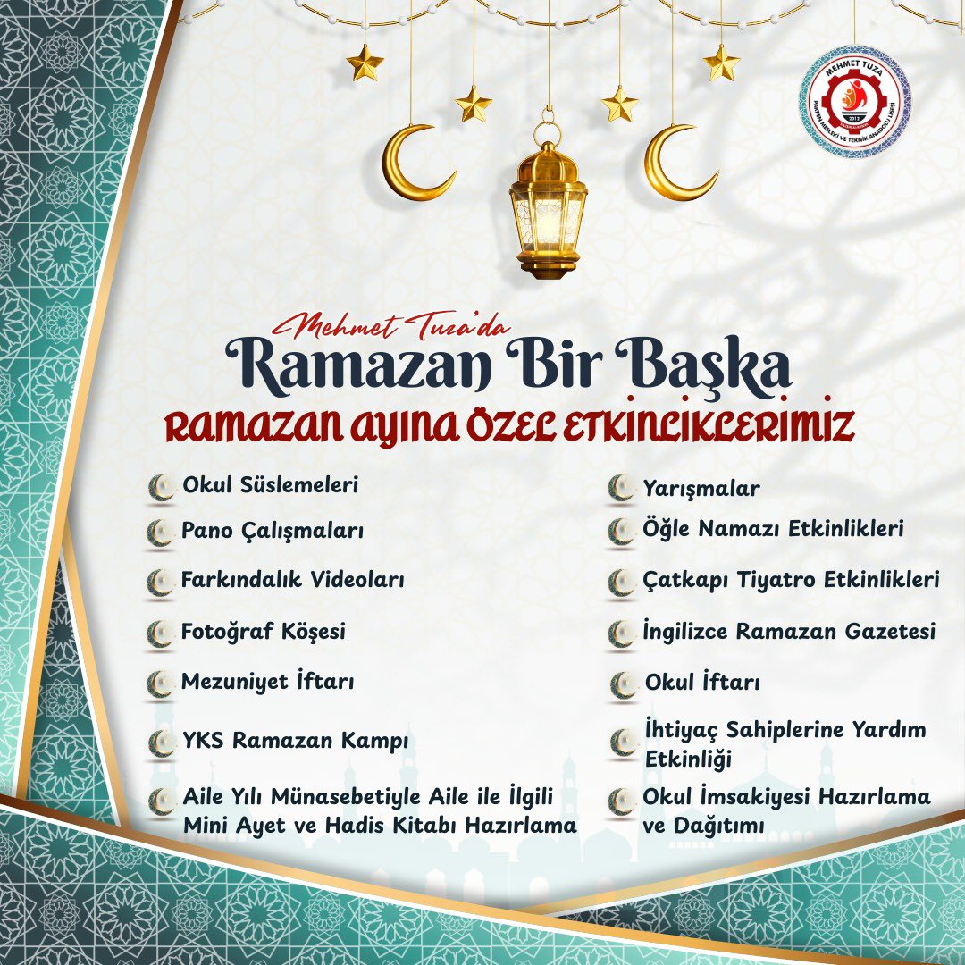 📣Tuza da Ramazan etkinliklerimiz👇
🌹Bu sene bakanlığımızın da teşvikiyle planladığımız etkinliklerimizi sıraladık
🌹Yıllardır yaptığımız geleneksek hale gelen tüm etkinliklerimizi gerçekleştirmeyi temenni ediyor,tüm veli öğretmen ve öğrencilerimize hayırlı ramazanlar diliyoruz