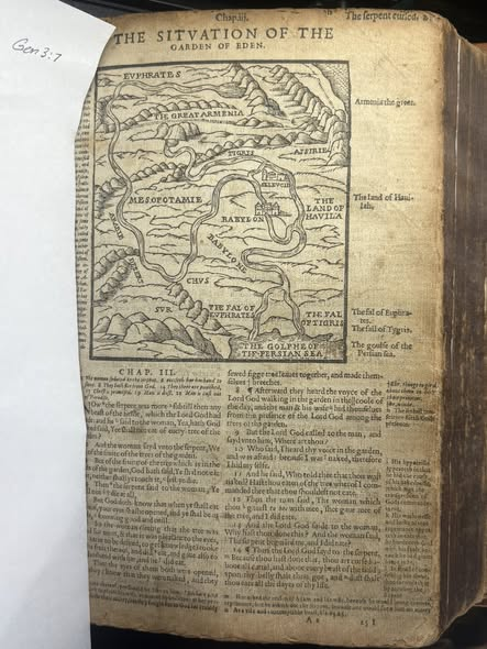 GSSBCLibrary's tweet photo. New items from the Kuykendall Collection have been cycled out onto display, including this Geneva Breeches Bible, so named due to its use of the word ‘breeches’ in Genesis 3:7. It also contains a fascinated early map of the antediluvian world. Drop by and see it in person! https://t.co/JEOIGj8wWB