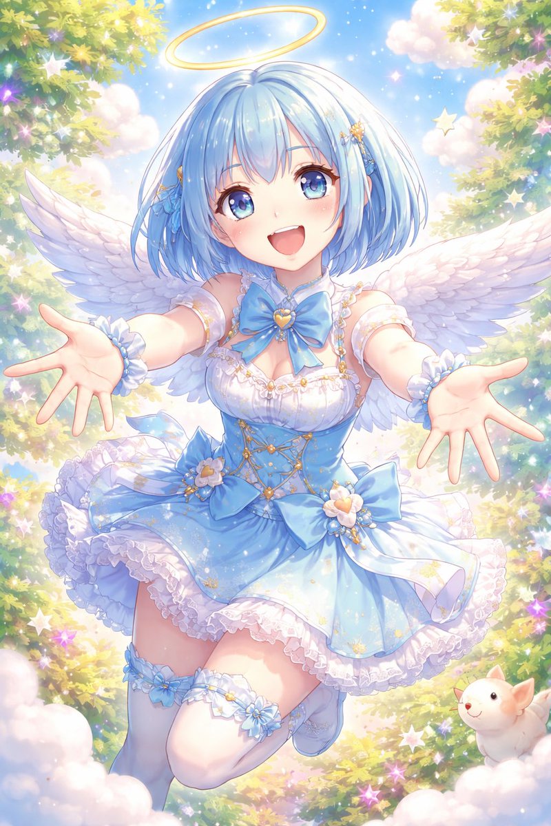 これ見て

絵本の世界観
水色髪
ボブ
水色のアイドル衣装
天使の輪と羽が付いてる
元気そうな表情の女の子

で作ったらこうなった

解釈一致？

追加要素、修正要素あれば汲もうか