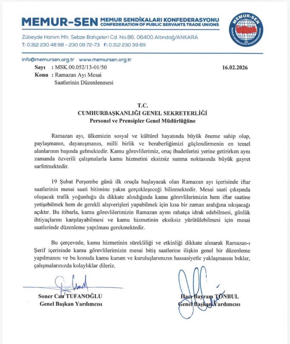 Memur-Sen, ramazan ayında mesai saatlerinde düzenleme yapılmasını istedi. <a href="/_aliyalcin_/">Ali YALÇIN</a>