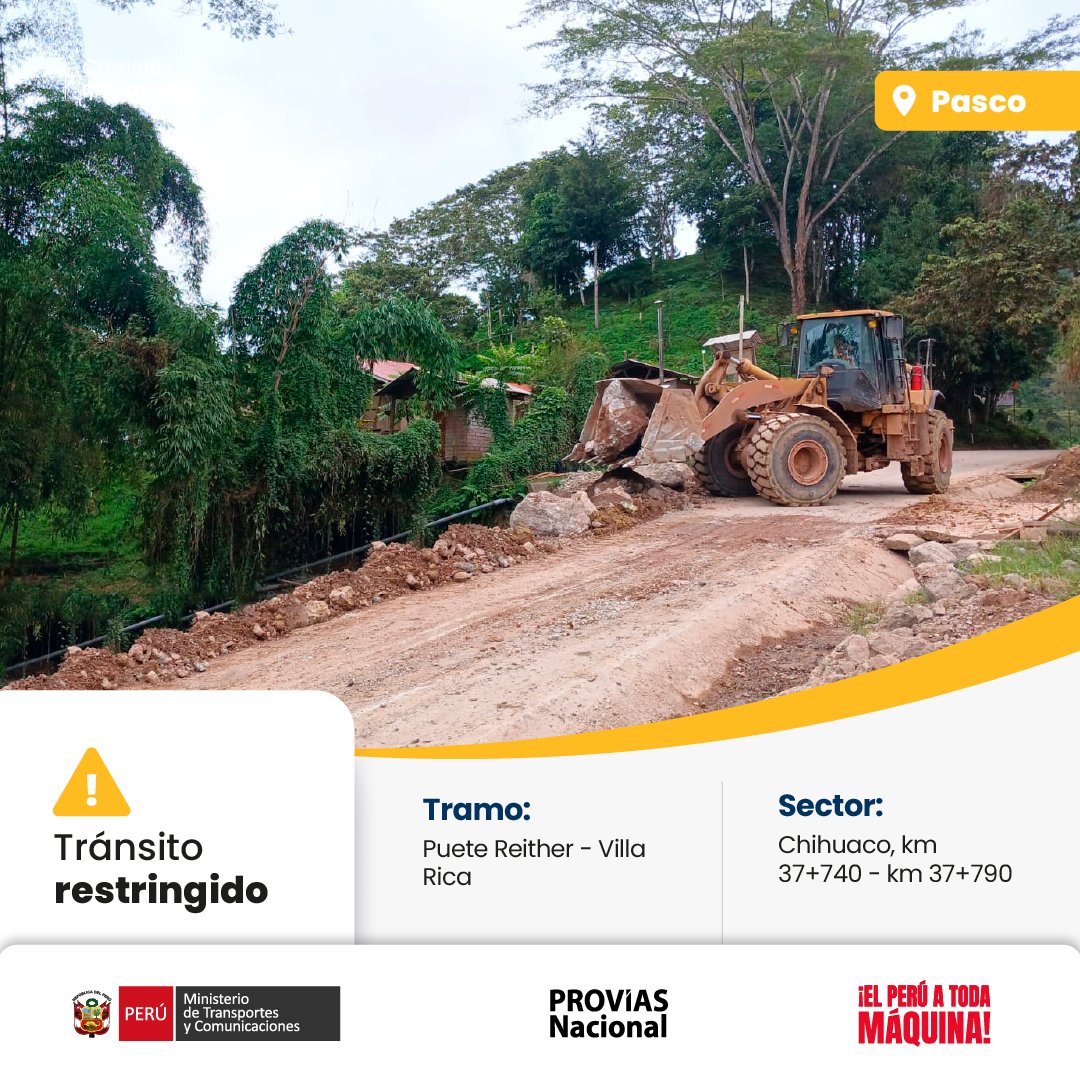 ProviasNac_Peru's tweet image. 📍 #Pasco | Continúan los trabajos de estabilización en el sector Chihuaco
Se informa que en la ruta PE-5N, tramo Puente Reither - Villa Rica (km 37+740 al km 37+790), se mantienen las labores para recuperar la plataforma afectada.
⚠️ Tránsito restringido