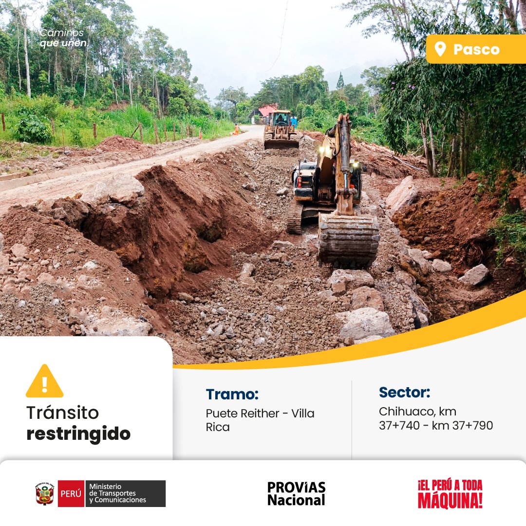 ProviasNac_Peru's tweet image. 📍 #Pasco | Continúan los trabajos de estabilización en el sector Chihuaco
Se informa que en la ruta PE-5N, tramo Puente Reither - Villa Rica (km 37+740 al km 37+790), se mantienen las labores para recuperar la plataforma afectada.
⚠️ Tránsito restringido
