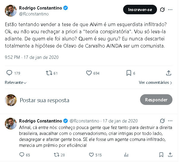 Constantino também já acusou o professor Olavo de tentar "destruir a direita" --- é sempre esse vocabulário histriônico de frequentador de terapia de grupo ---, já chamou Bolsonaro de tosco e radical.

Agora ele quer escolher quem é de direita e quem não é? Ou eu entendi errado?