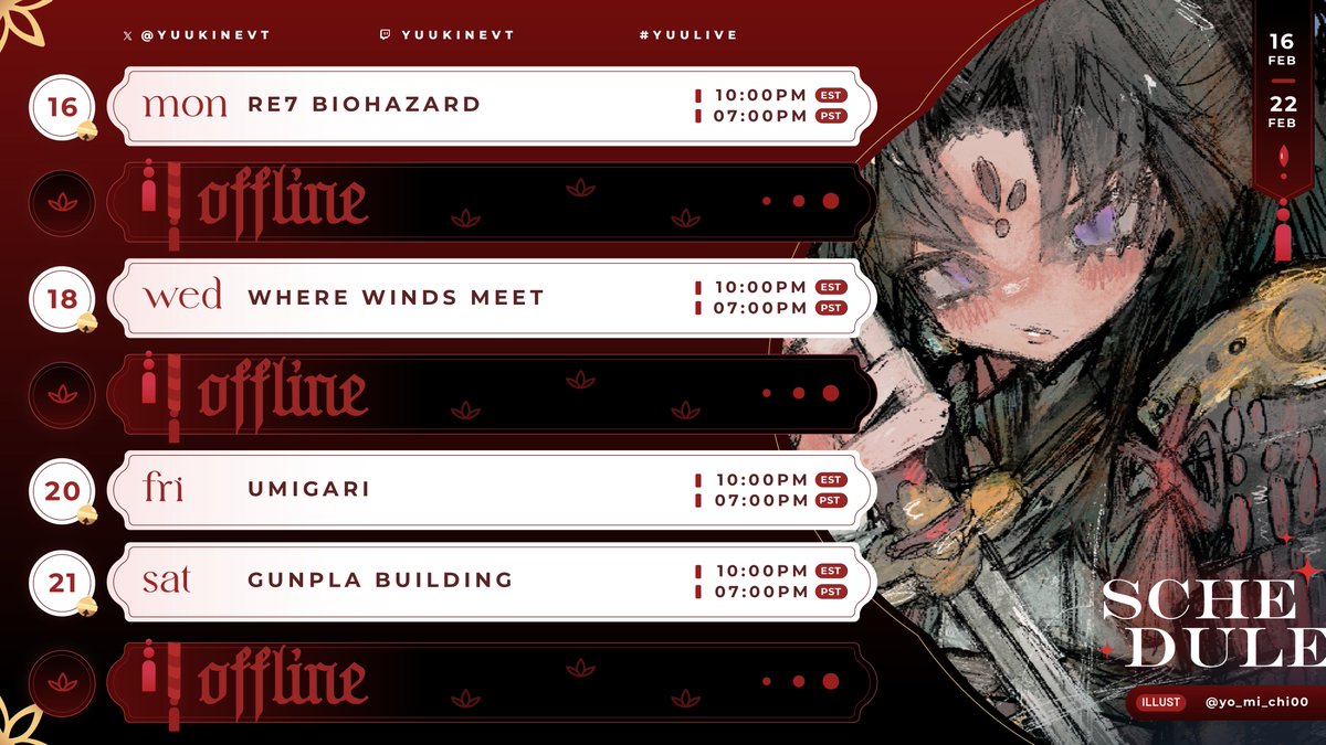 schedule for 02.16-02.22 ᯓ

as promised, i'll be building a gunpla live on saturday!