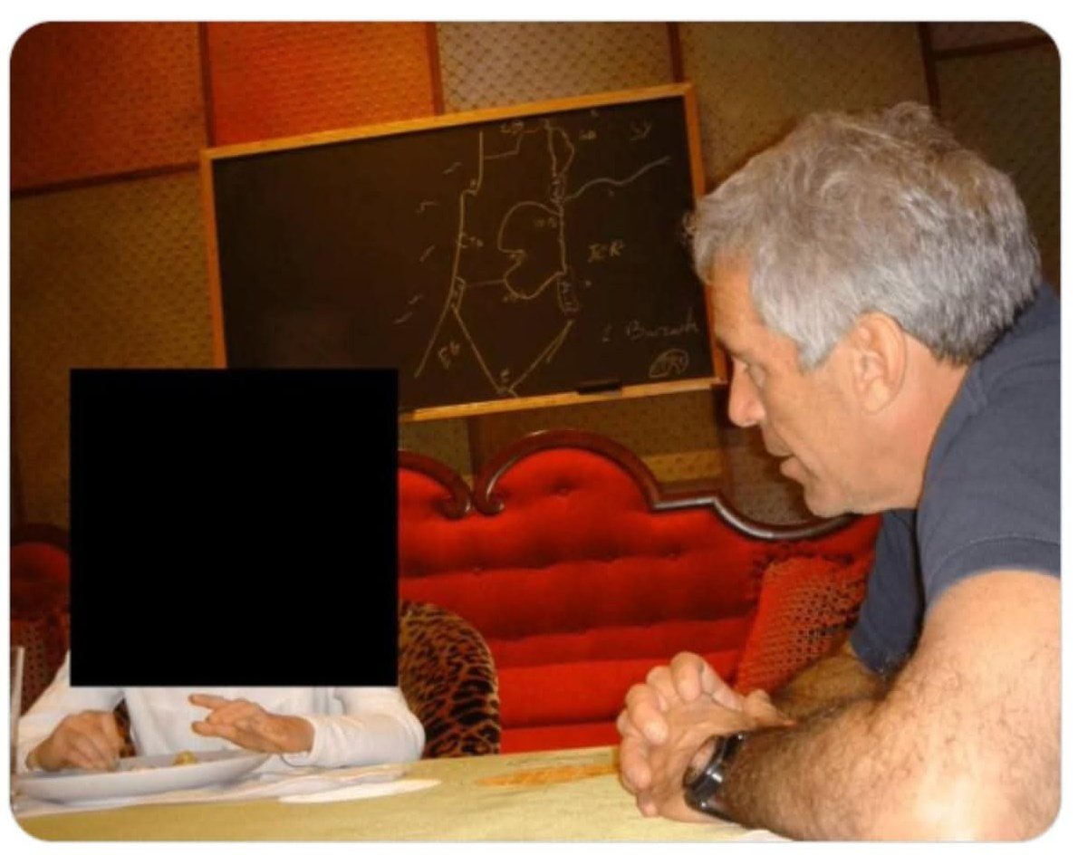 Totally a Russian agent, Epstein just happened to have a chalkboard map of Greater Israel hanging up in a room in which hes eating dinner with a victim.