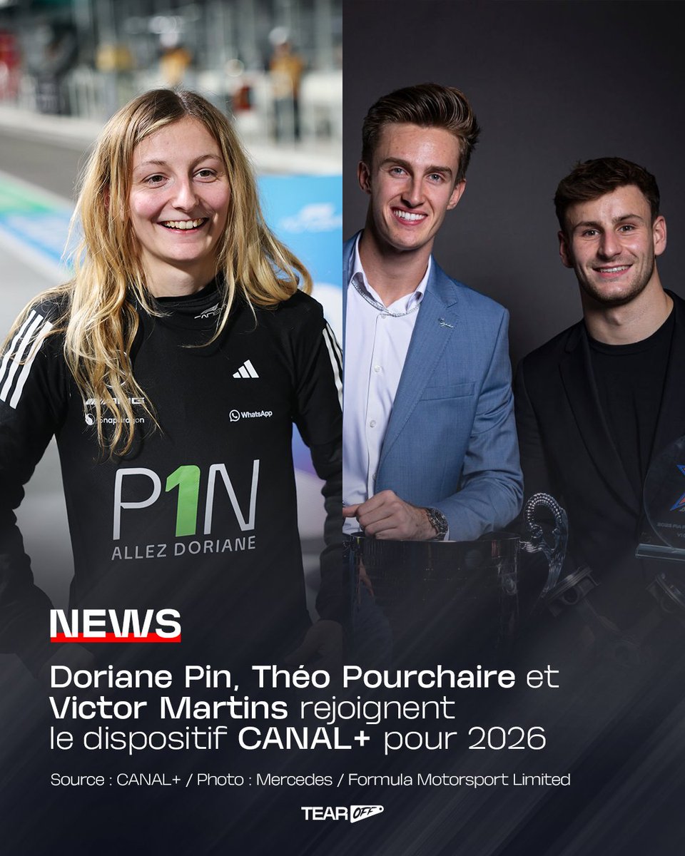 🔴 Doriane Pin, Théo Pourchaire et Victor Martins REJOIGNENT le dispositif CANAL+ cette saison en tant que consultants ! 🇫🇷

La jeune pilote française, championne de F1 Academy 2025, sera notamment aux commentaires de plusieurs courses de F1 Academy cette saison et fera
