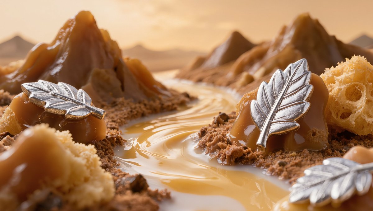 hari_aiedit's tweet photo. Liquid gold carving valleys of sweetness 🍯✨
Silver leaves drift through a caramel dreamscape 🍬🍃
Where dessert becomes a world of its own 🧁🌍

Prompt in the comments 👇 https://t.co/u4scuLtF8w