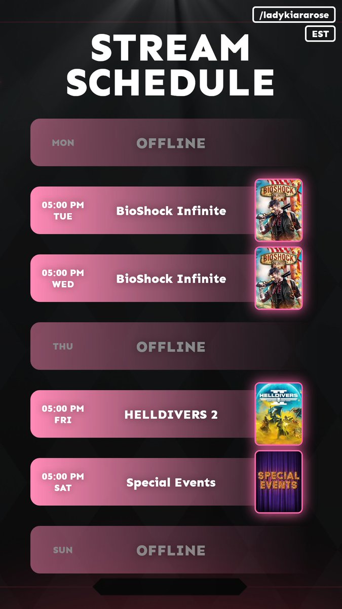 Tue @ 5PM – BioShock Infinite
Wed @ 5PM – BioShock Infinite
Fri @ 5PM – Helldivers 2
SATURDAY @ 5PM – SPECIAL EVENT 🎉
We’re celebrating 500 FOLLOWERS on Twitch 🥹💗
#TwitchStreamer #StreamerSchedule #SmallStreamer #500Followers #GamingCommunity 💕