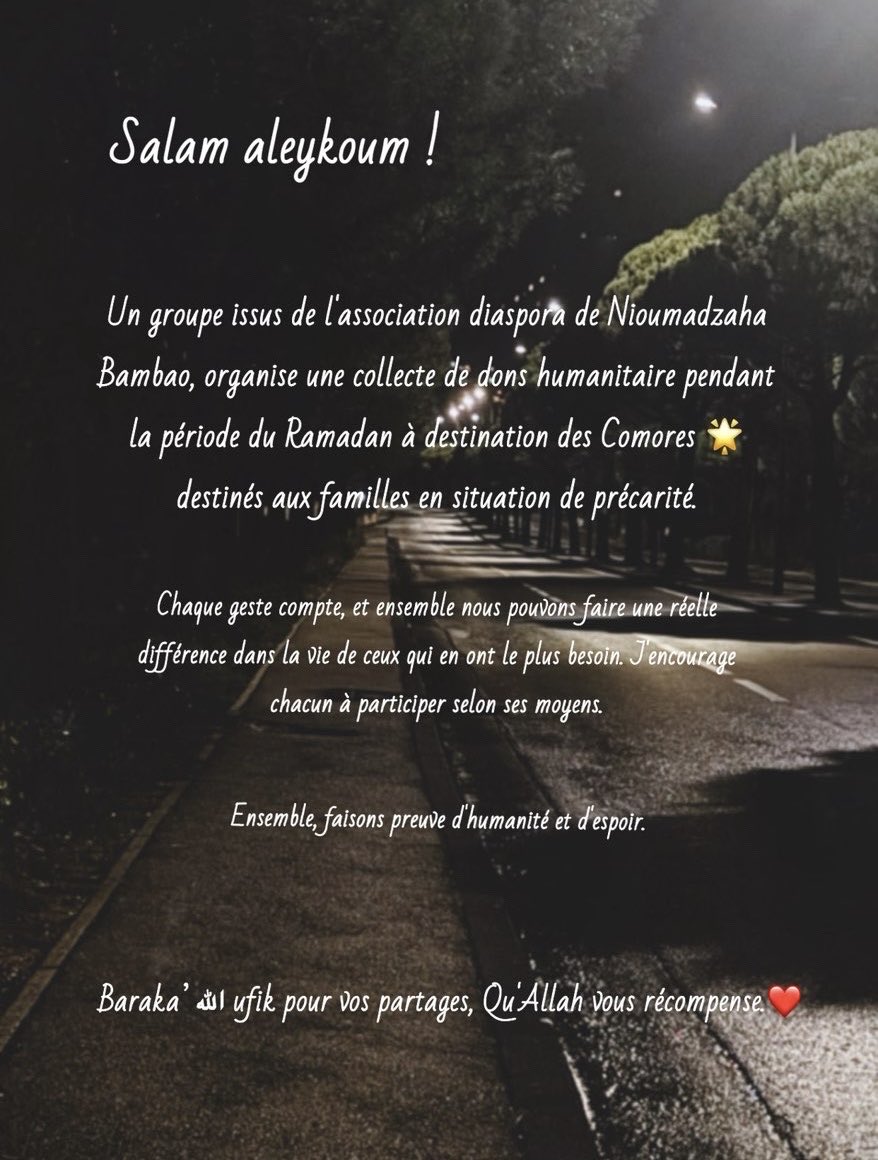 Comorian2699's tweet photo. Salam Aleykoum !
L’association de mon village organise une collecte de dons humanitaire sur Marseille à destination de familles en situation de précarité aux Comores. Si vous souhaitez participer, contactez @pretty_comorian en MP ou les coordonnées sur l’affiche. 

RT apprécié 🙏🏾 https://t.co/JR85No0gty