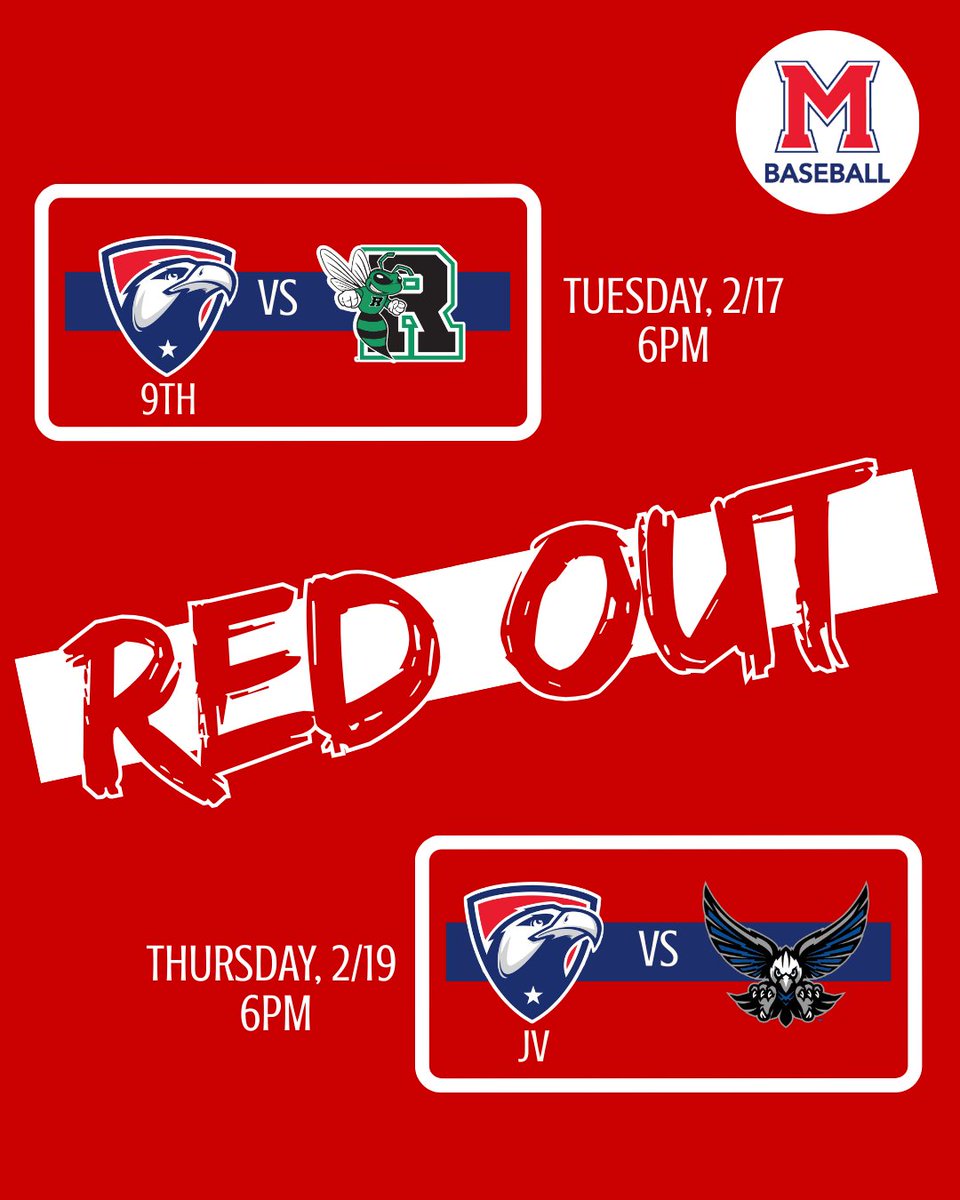 Milton_Baseball's tweet photo. We are going  to 🔴 out for our home Freshman and JV games this week! Come out on  Tuesday, 2/17 as our Freshman team play a revenge game against Roswell.  And head to the field on Thurs, 2/19 as our JV powerhouse face S.  Forsyth. Wear 🔴! 🦅⚾💪 https://t.co/Zv0H9wlg1B