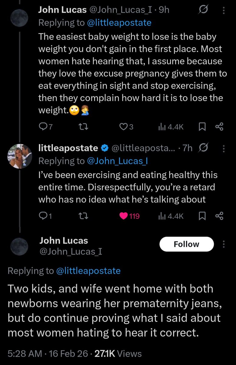 abbythelibb_'s tweet photo. I'll say this for whoever needs to hear it: 

I started my first pregnancy fit, lifting weights, swimming, and eating healthy. The first four months were miserable. I wanted so much to be able to continue doing those things I loved, but instead, my life slowed to a crawl, and I hated myself for my weakness. I had to eat every couple hours to keep from throwing up, and even then I could usually only manage bread. I had to eat bread throughout the night to not get too sick to sleep. 

It's impossible to describe first trimester sickness to those who've never experienced it, and many women never do. Sometimes those women like to beat down others saying we only had the experiences we did because we ate badly and didn't exercise, but the truth is the opposite. They were able to continue their healthy habits and not gain much because they weren't sick. 

Halfway through the second trimester of my first pregnancy I was able to get back to some exercise and eat a little better, but my body still forced me to eat so much and so often that by the end I found weight loss pretty easy just because I was so  so sick of eating and not having a choice. Half the weight I gained that pregnancy was swelling from preeclampsia, and I delivered at 36 weeks. I recovered quickly, and was able to get back to weightlifting right away. I lost all the weight in 4 months of long baby-wearing walks at the park...

...and promptly got pregnant again. I went into my 2nd pregnancy even more determined and desperate to be as healthy as possible. That didn't stop the first trimester sickness from taking me down the first couple months, and it didn't stop my body from demanding food every couple hours. And when I say demanding, I don't mean normal hunger. I mean the insistent "you will throw up or pass out if you don't eat, you will not sleep, you cannot think, you will not function until you eat" demand that I've only experienced in pregnancy. 

I continued lifting about half that pregnancy until even low-intensity sessions began making me light-headed. Things only went south from there into severe preeclampsia. I delivered at 33 weeks. It took me 7 weeks to stop having blood pressure and vision issues, and even longer until I fixed my nutrient deficiencies, stopped getting lightheaded with exercise, and was finally in a safe spot to start losing weight. 

I lost at a reasonable pace, but I didn't manage to lose it all before I unintentionally got pregnant again. Missed it by 12 pounds. I can't tell you how demoralizing it is to start a pregnancy already feeling unacceptably fat and knowing you won't be able to do anything but get fatter until the baby comes. Especially in a world where this sort of cruel discourse is constant. 

This pregnancy has been ok, but I started weaker all around, and it's been my most aggressively hungry. I exercise as often as I can, but the physical limit comes fast. It just is what it is. 

There is a lot you can do to help your pregnancies be healthier and reduce weight gain, but at the end of the day, pregnancy is, in my experience, a near-complete loss of control of your body. I have had to sacrifice, at least for the time being, my health, my vitality, and whatever beauty I had (it was never much) to give my children life. I have been told so very many times in the past year that I am fat and ugly, that no man could possibly find me attractive, but nevertheless, my children are entirely worth it. I hope I can feel attractive again next year, but it's far, far more important right now that I give this baby every possible chance to live and thrive. Pressuring and shaming women to do otherwise is very wrong.