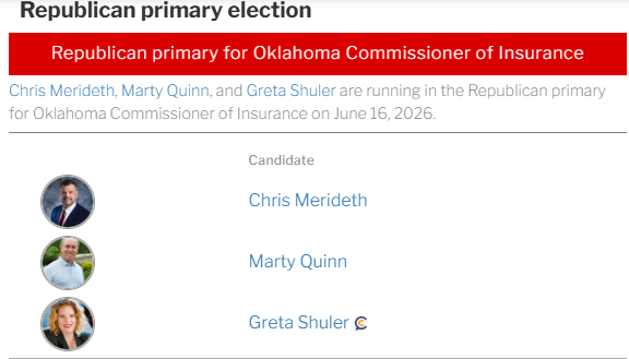 <a href="/JanetM610627017/">Janet M</a> I believe Glen Mulready the Insurance Commissioner is term limited. These three are running there may be more <a href="/OklahomaDOGE/">Oklahoma D.O.G.E.</a> may know. I don't know much about any of them I've met Marty Quinn he seems like a nice guy, but does that make him a good Commissioner? 🤷‍♂️