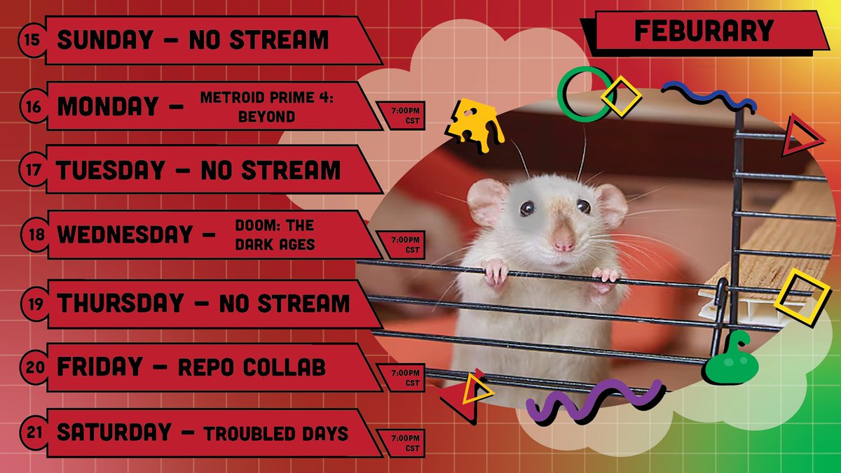BigCheezeVT's tweet photo. GOUDA MORNING MUNSTERS!!
I have made this weeks schedule (finally and I swear I did not wait until the last minute 😎).
You get to spend time with me today to play some funny Pew Pews!
See you all tonight!!
#Vtubers #RatsZone #vtuber強運王2026 https://t.co/mxyWGxBrJJ
