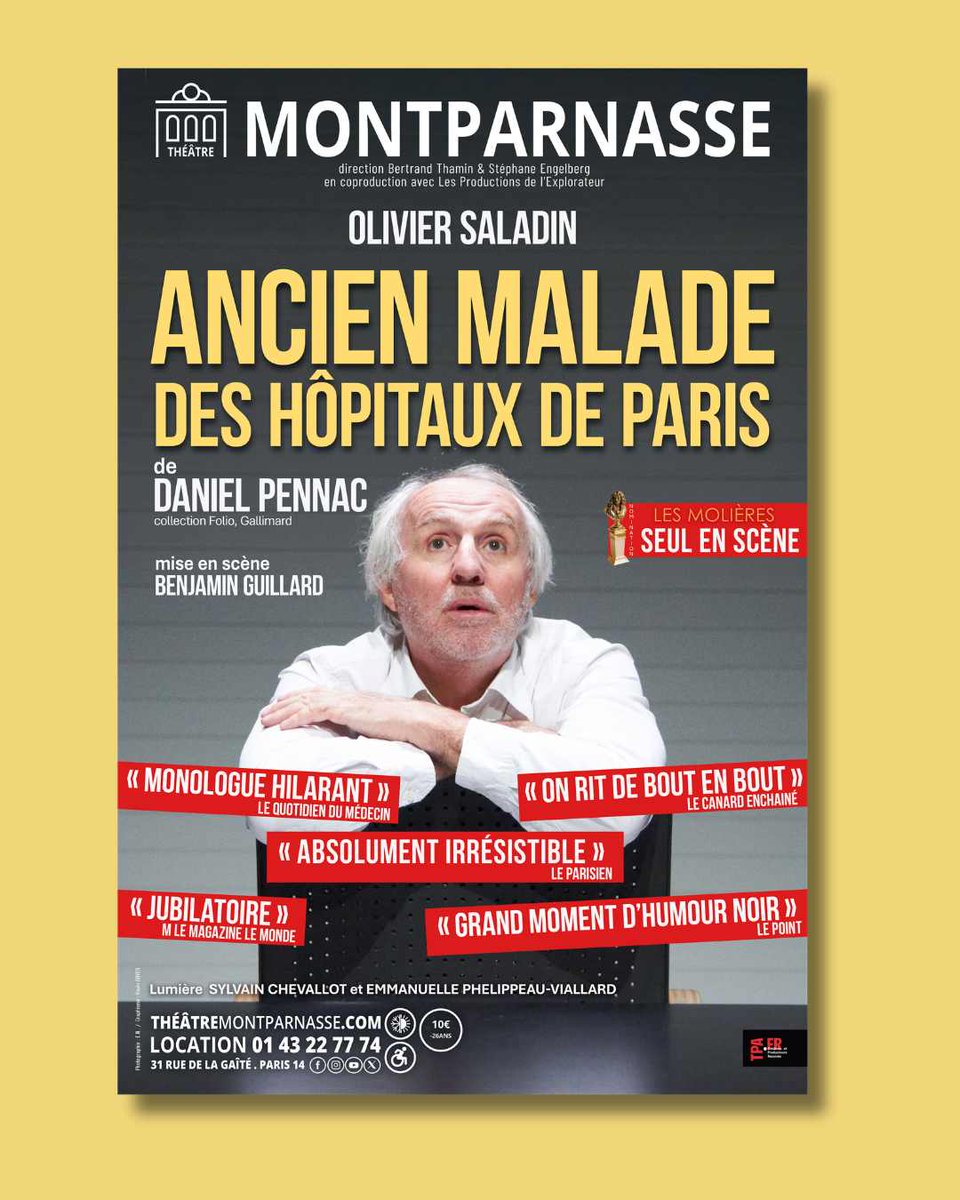 TMontparnasse's tweet photo. #OlivierSALADIN triomphe dans #ART !
Comme il se plaît beaucoup chez nous, il va prolonger son séjour et on sait que ça va vous plaire...

🩺Pour célébrer les 10 ans de sa création, il revient avec son spectacle iconique #ANCIENMALADEDESHÔPITAUXDEPARIS !
🎟️https://t.co/ZrbdF5LHyJ https://t.co/TfFkgsKApA