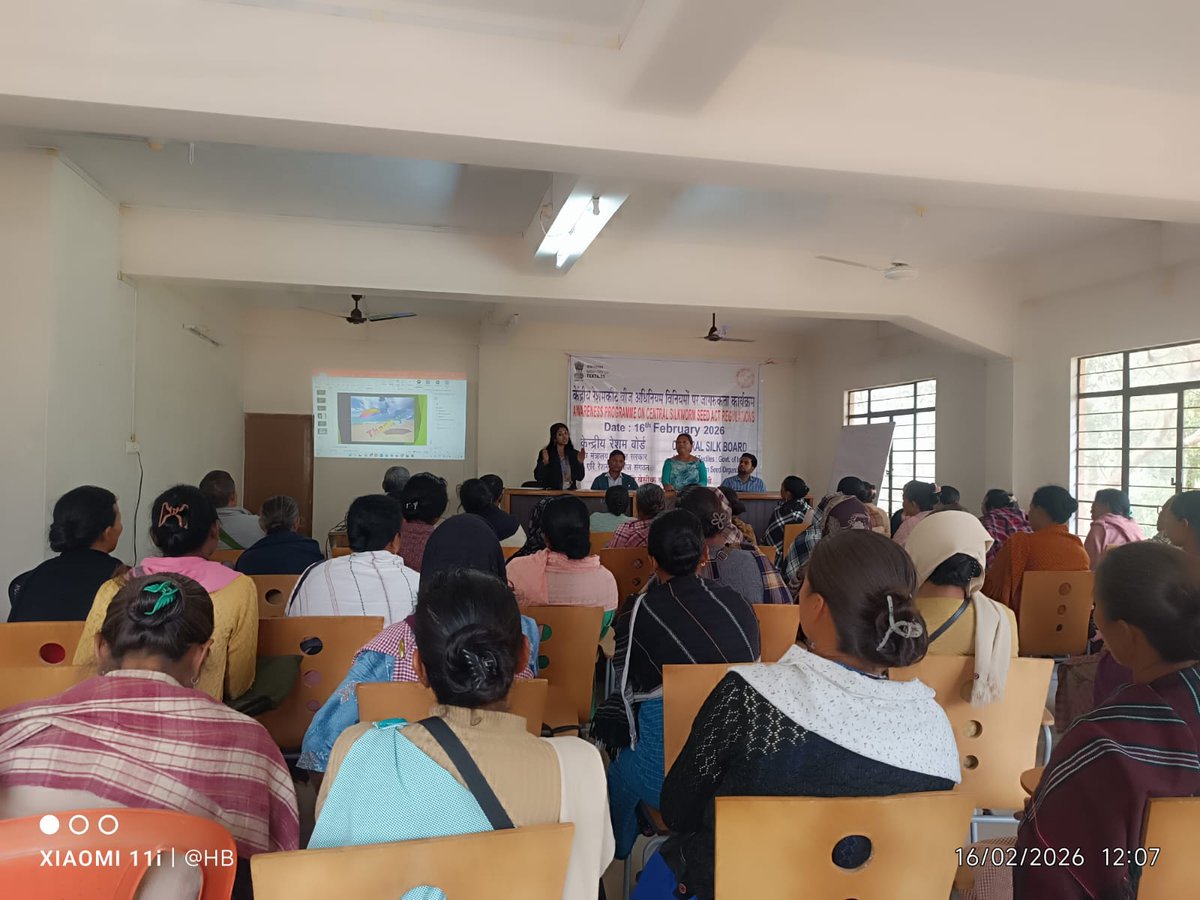 MssoSilk's tweet photo. Seed Act Awareness Programme – Nongpoh
On 15.02.2026, CSB–MESSO, EBSF Topatoli, in coordination with the Department of Sericulture, Meghalaya, organized a Seed Act awareness programme at Nongpoh. The programme provided clear insights on registration of Eri seed rearers and seed producers under the Seed Act.
Dr. Lalitha N delivered a presentation on the importance and procedure of Seed Act registration, while Smt. Lyngwa provided Khasi translation and motivated participants towards registration. The programme was well supported by Dr. Abhishek, Scientist-C, and Mr. Brahma, Scientist-B, P3 Unit, Nongpoh (MESSO).
The initiative was a success, with several seed rearers volunteering to get registered.
@LalithaNM2010 @EBSFCSB2020 @Abhishekcsb @IfsSivakumar @csbmot @TexMinIndia @PIBTextiles