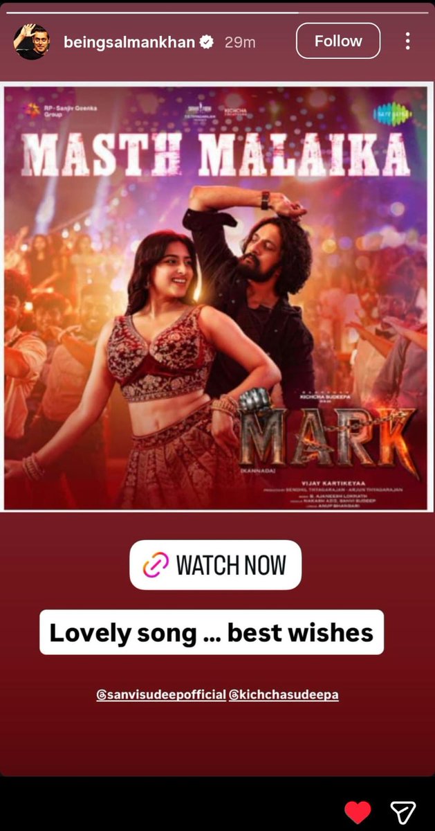 <a href="/BeingSalmanKhan/">Salman Khan</a> ❤️🙌🏻 

<a href="/KicchaSudeep/">Kichcha Sudeepa</a> #KicchaSudeep𓃵 #MarkTheFilm #MasthMailka #Kiccha48 #BRBFirstBlood