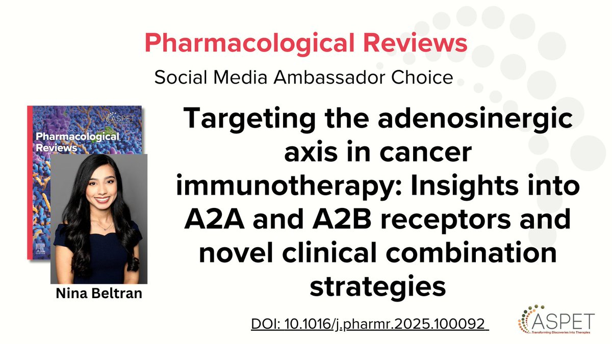 ASPET's tweet photo. Adenosine-driven immunosuppression remains a barrier in cancer therapy. Targeting adenosine A2A/A2B receptors offers a path to reprogram the tumor microenvironment and boost immunotherapy efficacy. Read more of this exciting new #PharmRev publication here: https://t.co/DC5TKOXBKG https://t.co/S3keXoHlUP