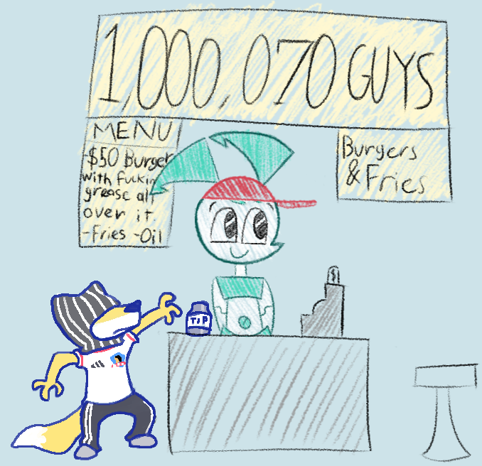 Antithesis_Art's tweet photo. "What if Jenny Wakeman opened a burger restaurant?"
I've had this joke in my head the last two times I went to 5 Guys.
@lagmandude is there to steal tips I guess. It's okay, he's broke. 

#mlaatr #MyLifeAsATeenageRobot #jennywakeman #XJ9 https://t.co/tWXNlyEshN