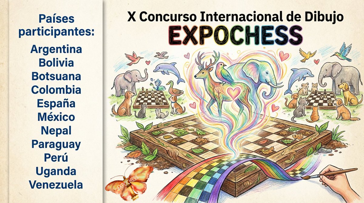 expochess64's tweet photo. 🎨♟️ Ya están aquí los ganadores del X Concurso Internacional de Dibujo EXPOCHESS

▶️ Vídeo completo aquí: https://t.co/eemvKMs7RW

Gracias a todas las familias, participantes, jurado y colaboradores por hacer posible esta edición internacional.

#EXPOCHESS #Ajedrez https://t.co/QkYO5fkN8w