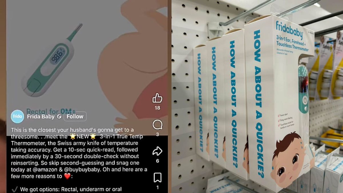 Pastoldetuirel's tweet photo. Increíble que una marca de productos para BEBÉS use chistes sexuales en el empaque “para hacer reír a los papás”. How about a quickie? para un termómetro rectal para bebés? Ni Jeffrey Epstein se atrevio a tanto #Fridababy https://t.co/DiU9hyZdvW