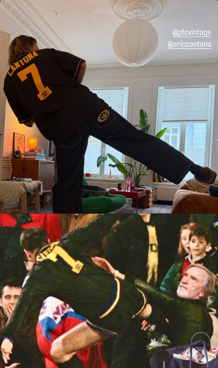 🇦🇺 Con la camiseta de Cantona, Jackson Irvine, capitán del St Pauli, subió en sus redes una foto imitando la famosa patada del francés contra un aficionado fascista. En este caso la acompañó con la imagen de Jim Ratcliffe, dueño del Manchester United, por sus dichos racistas.
