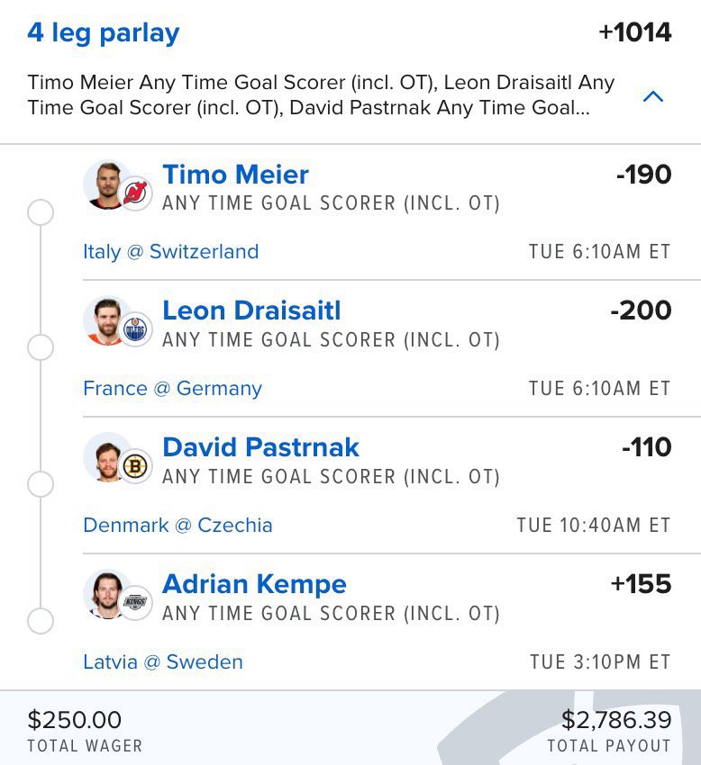 Who isn’t getting a goal tomorrow? 😭🔥

$250 ➡️ $2,786.39

🇨🇭 Timo Meier anytime
🇩🇪 Leon Draisaitl anytime
🇨🇿 David Pastrnak anytime
🇸🇪 Adrian Kempe anytime