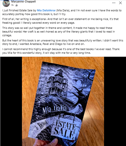 Dalia_Verse's tweet photo. Many thanks to @maryannechappell for this wonderful review!

Estate Sale is, first and foremost, a love story. Most of my books are, really, if you read them right ;)

#miadalia #daliaverse #estatesale #hauntedobjects #horror #lovestory https://t.co/v2FP90Z3jk