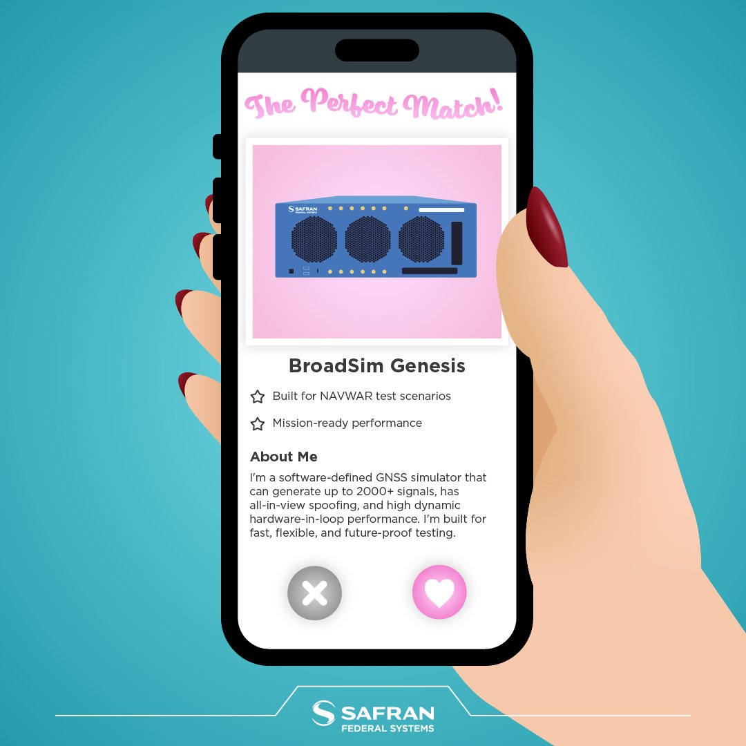 SafranFedSys's tweet image. Love is in the air ❤️

Find *the one* built for your mission.

Two powerful solutions.
One that’s right for you.

💌 BroadSim Genesis
safranfederalsystems.com/broadsim-genes…

💌 BroadSim Wavefront
safranfederalsystems.com/broadsim-wavef…

#ValentinesDay #FindYourMatch #MissionReady #GNSS #ResilientPNT #NAVWAR