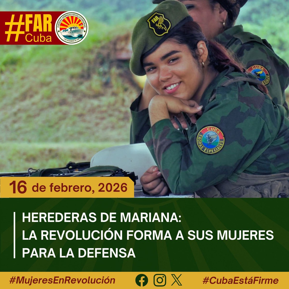 ‼️La incorporación de las féminas al Servicio Militar Voluntario Femenino constituye un acto de compromiso con la nación. En cada paso de su preparación, ellas demuestran entrega y firmeza,valores que fortalecen la defensa de nuestra soberanía y consolidan la unida🇨🇺.  
#FARCuba