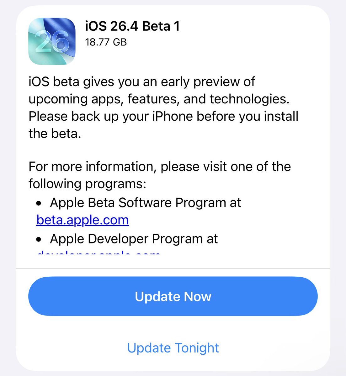 theapplehub's tweet image. Apple has released iOS 26.4 beta 1 🚨