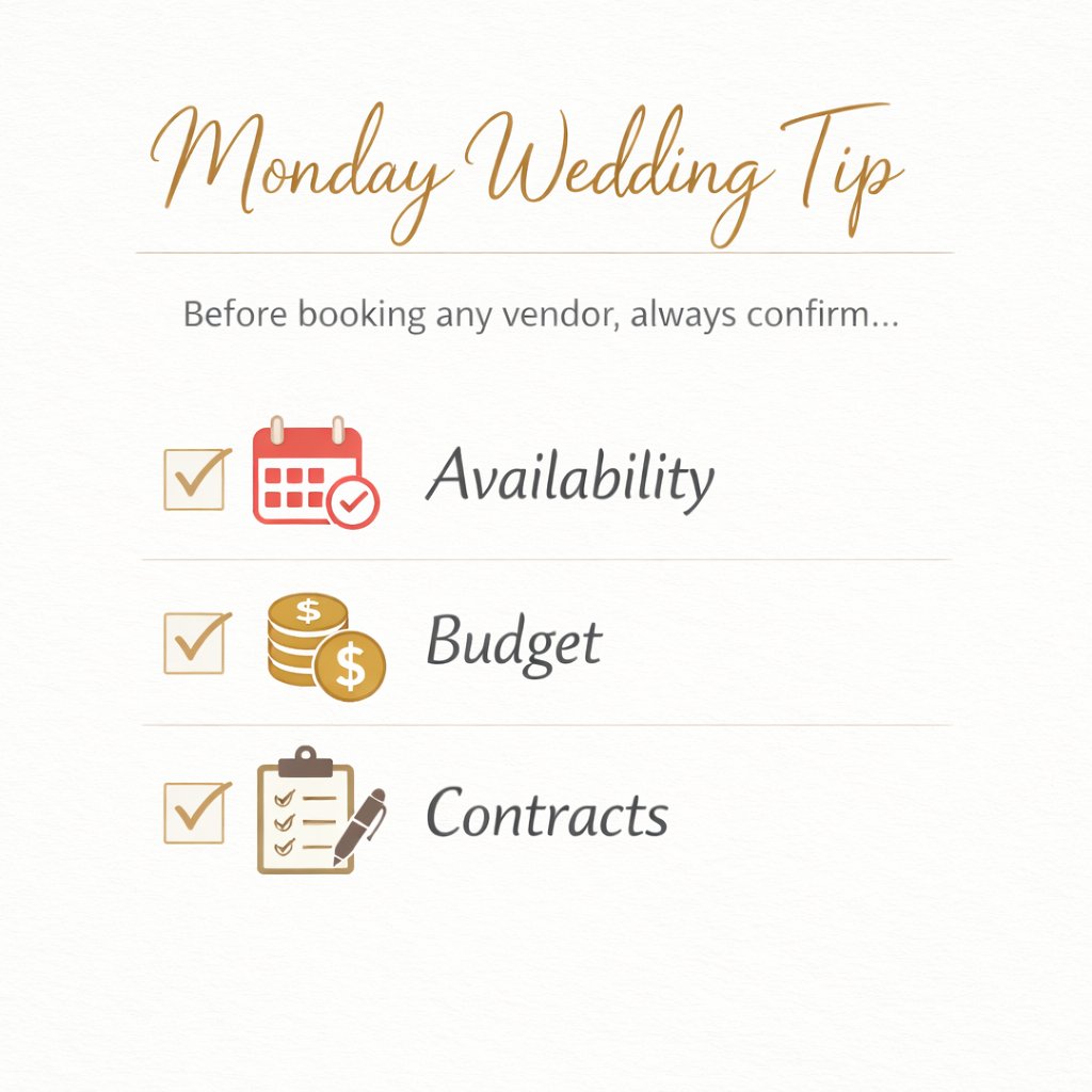 Das_Events's tweet image. Monday Wedding Tip 💡

Before booking any service provider, always confirm:
✔ Availability
✔ Payment terms
✔ Cancellation policy
Smart planning saves money and stress.

#MondayWeddingTip
#WeddingPlanner
#WeddingTips