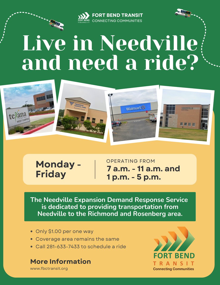 Do you live in Needville and need to travel to Rosenberg or Richmond? Fort Bend Transit can get you there! To schedule a ride, call 281-633-7433. 

For more information, visit fortbendcountytx.gov/needville-expa…

#mondaymotivation #rideFBT #ConnectingCommunities #needvilletx